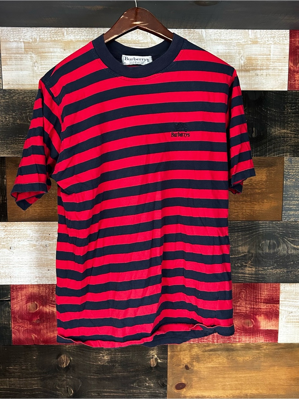 Burberry Red and Navy Horizontal Stripe Short-Sleeve Tee spellout